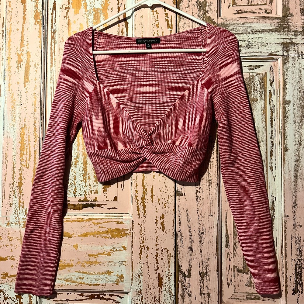 Cotton Candy LA Maroon & Light Pink Ribbed Twist-Front Long Sleeve Crop Top
